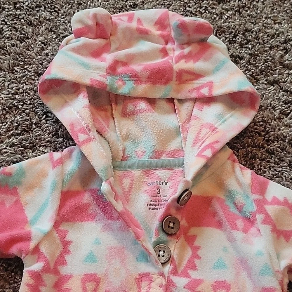 Carter's Fleece Hooded footless onesie jumpsuit aztek print size 3 mo